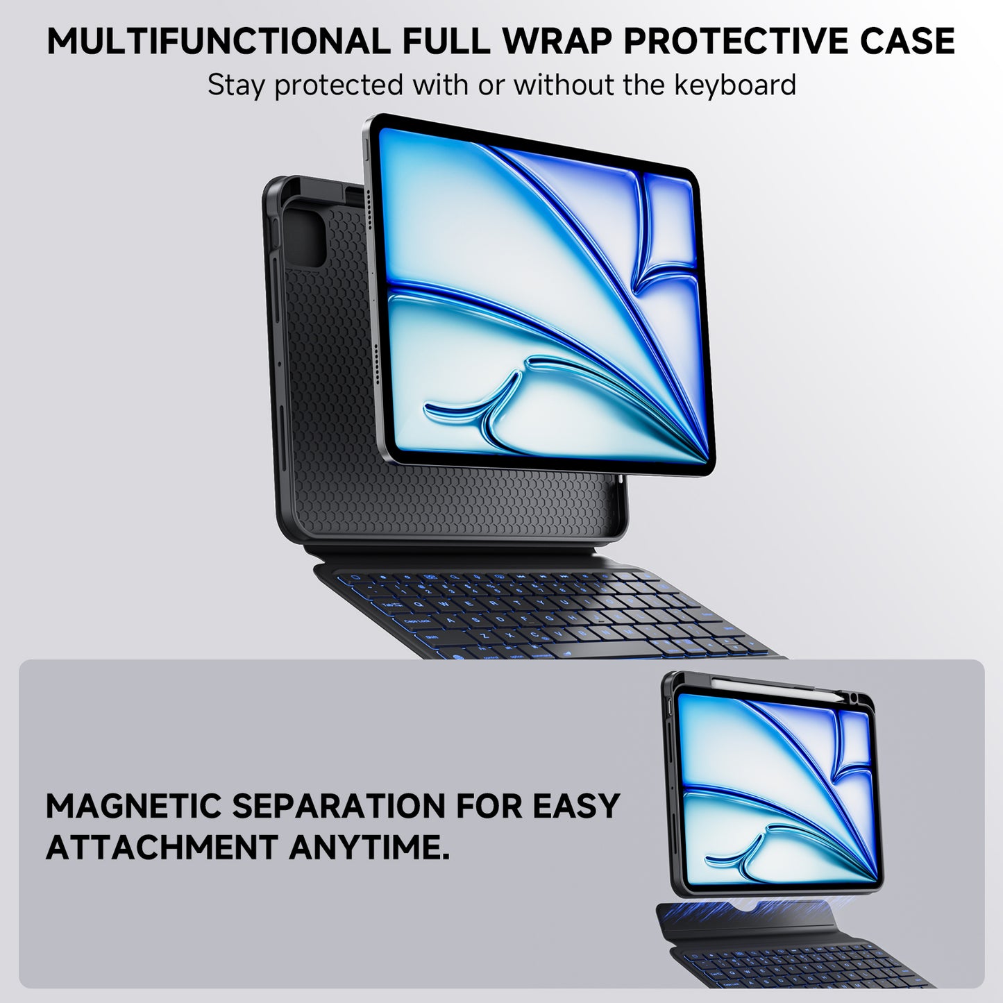 Sleek Black Split Keyboard Case for iPad – Magnetic Snap-On, Smooth Trackpad & Backlit Typing