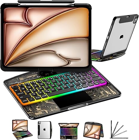 iFacemall 2024 iPad Air 13" Keyboard Case (M2, 2024) – 360° Rotating Multi-Touch Trackpad, RGB Backlit Keyboard, Transparent Back & Chip Panel, Pencil Holder, Type-C Charging