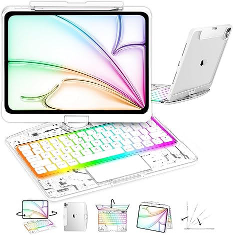 Transparent White Keyboard Case for iPad Air 13-inch (M2, 2024), 360° Rotating Multi-Touch Trackpad, 7-Color Backlit Keyboard, Compatible with iPad Pro 12.9-inch (3rd/4th/5th/6th Gen)
