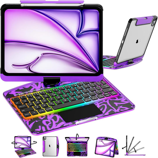 Transparent Y2k Purple iPad Magic Case(M3/M22025/2024)& Air 5th/4th Gen-360° Rotating Multi-TouchTrackpad, RGB Backlit Keyboard, Transparent Back, PencilHolder, Type-C Charging