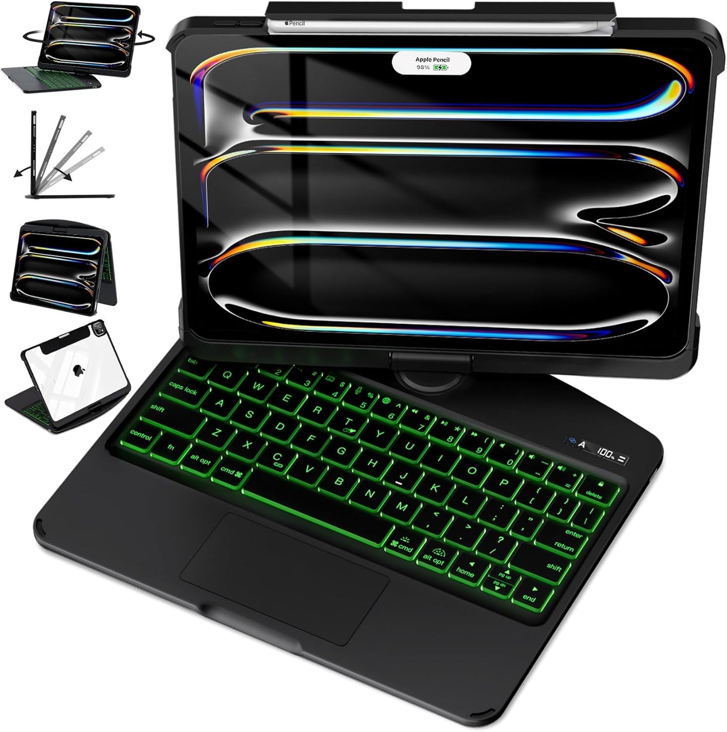 Timeless Black Keyboard Case for iPad Air 13-inch (M2, 2024), 360° Rotating Multi-Touch Trackpad, 7-Color Backlit Keyboard, Compatible with iPad Pro 12.9-inch (3rd/4th/5th/6th Gen)