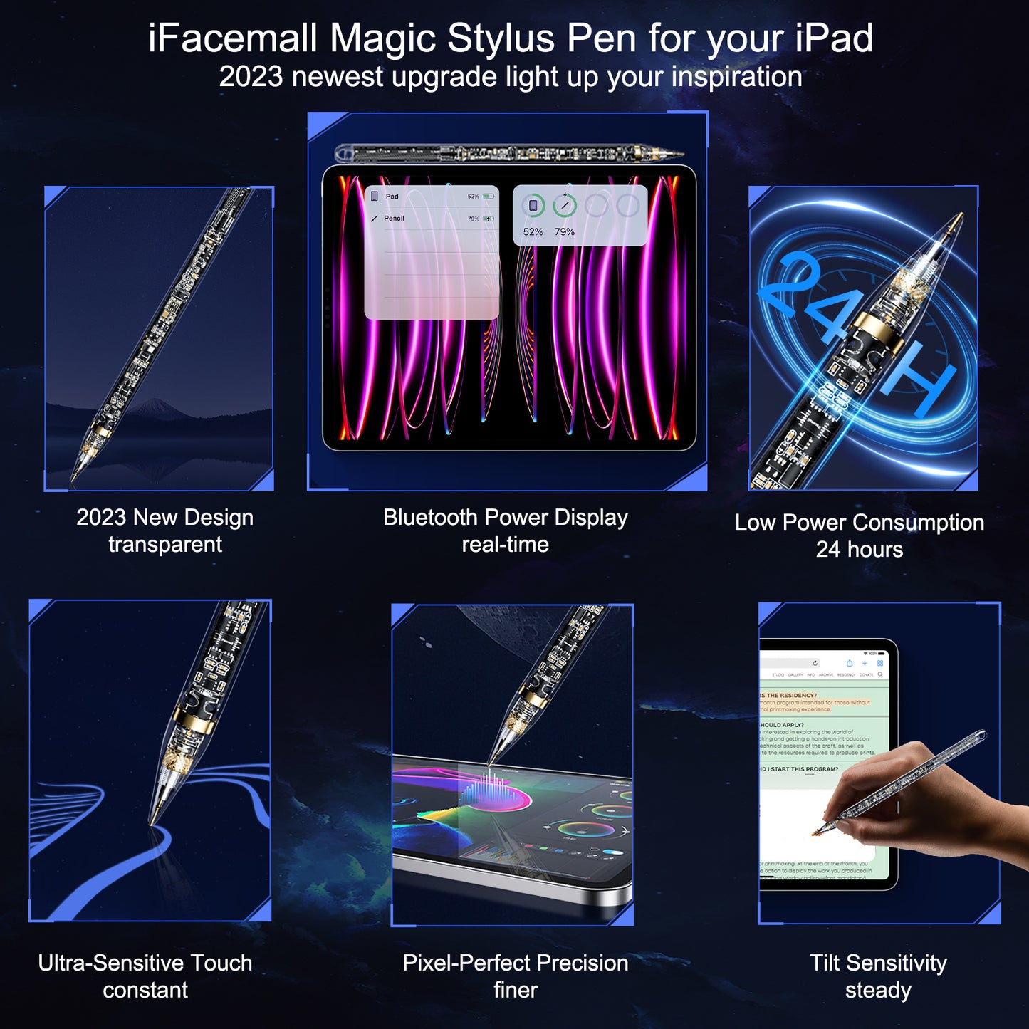 2023 iFacemall Stylus Pen بۆ ئایپاد موگناتیسی شەحنکردنەوەی بێ وایەر، شەفاف