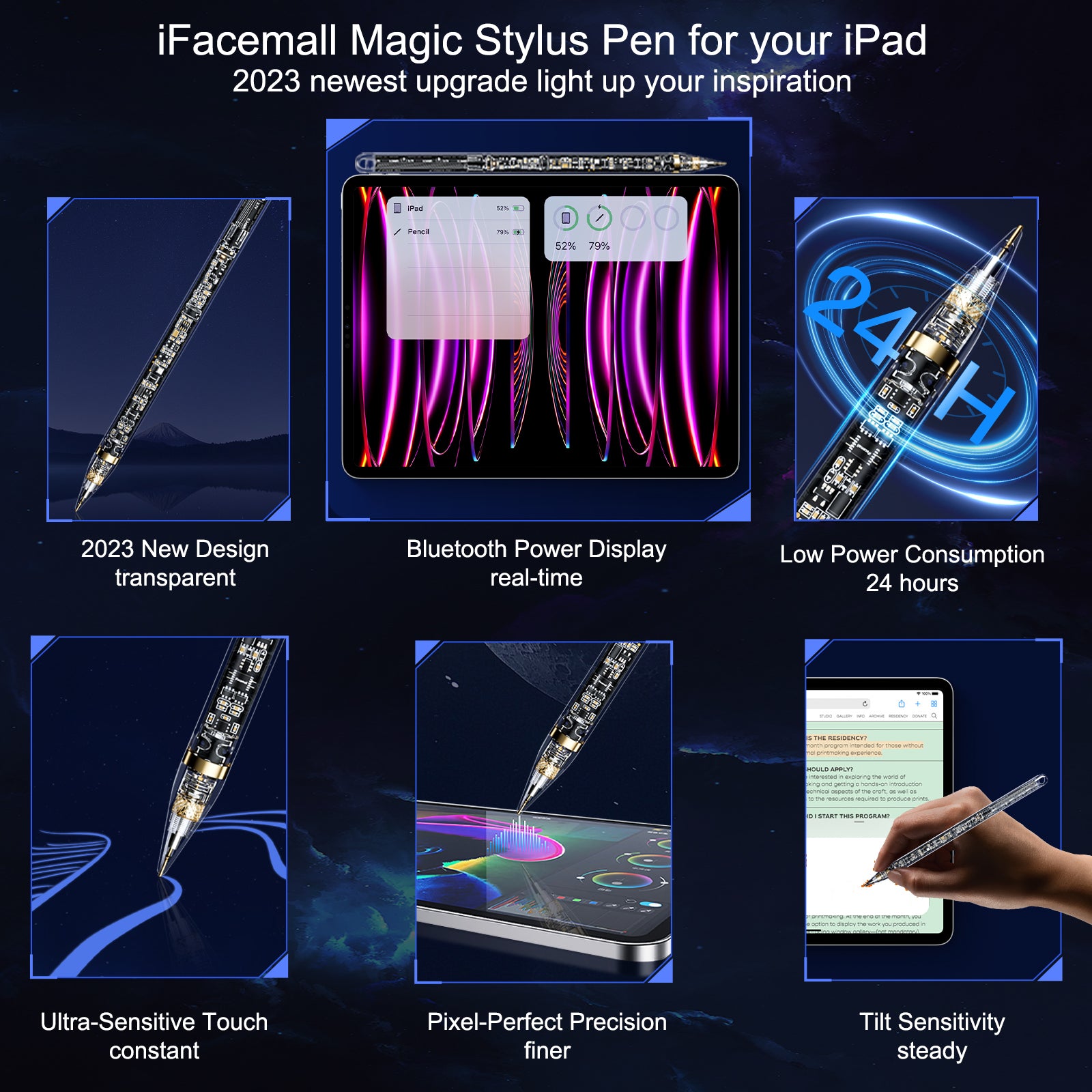2023 iFacemall Stylus Pen for iPad Magnetic Wireless Charging, Transparent
