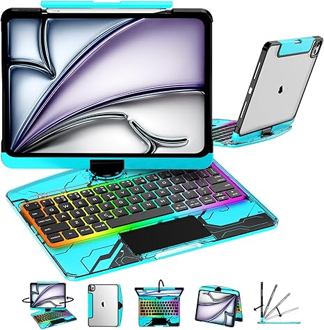 Y2k Blue 360° Rotatable iPad Touch Magic Case(M3/M22025/2024)& Air 5th/4th Gen-360° Rotating Multi-TouchTrackpad, RGB Backlit Keyboard, Transparent Back withPencil Holder, Type-C Charging