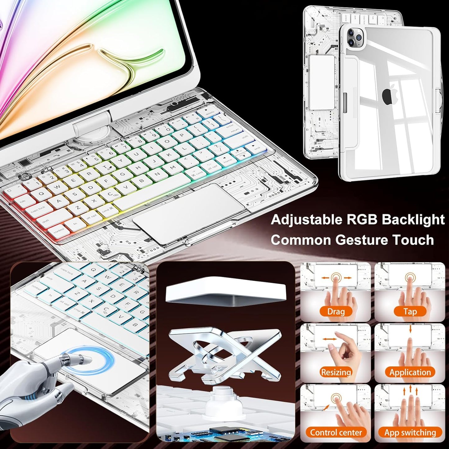 Transparent White Keyboard Case for iPad Air 13-inch (M2, 2024), 360° Rotating Multi-Touch Trackpad, 7-Color Backlit Keyboard, Compatible with iPad Pro 12.9-inch (3rd/4th/5th/6th Gen)