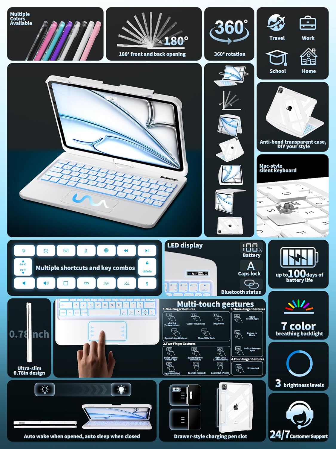 Snow White Keyboard Case for iPad Air 13-inch (M2, 2024), 360° Rotating Multi-Touch Trackpad, 7-Color Backlit Keyboard, Compatible with iPad Pro 12.9-inch (3rd/4th/5th/6th Gen)