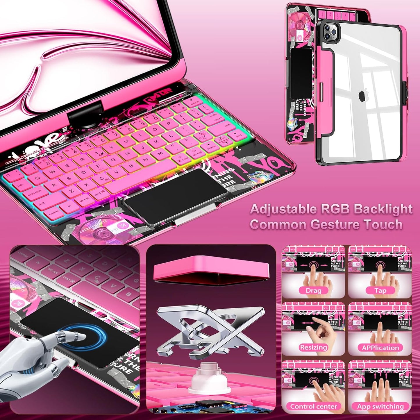 2025 Cyberpunk Y2K Pink Keyboard with transparent case for iPad Pro 12.9inch (2018/2020/2021/2022)