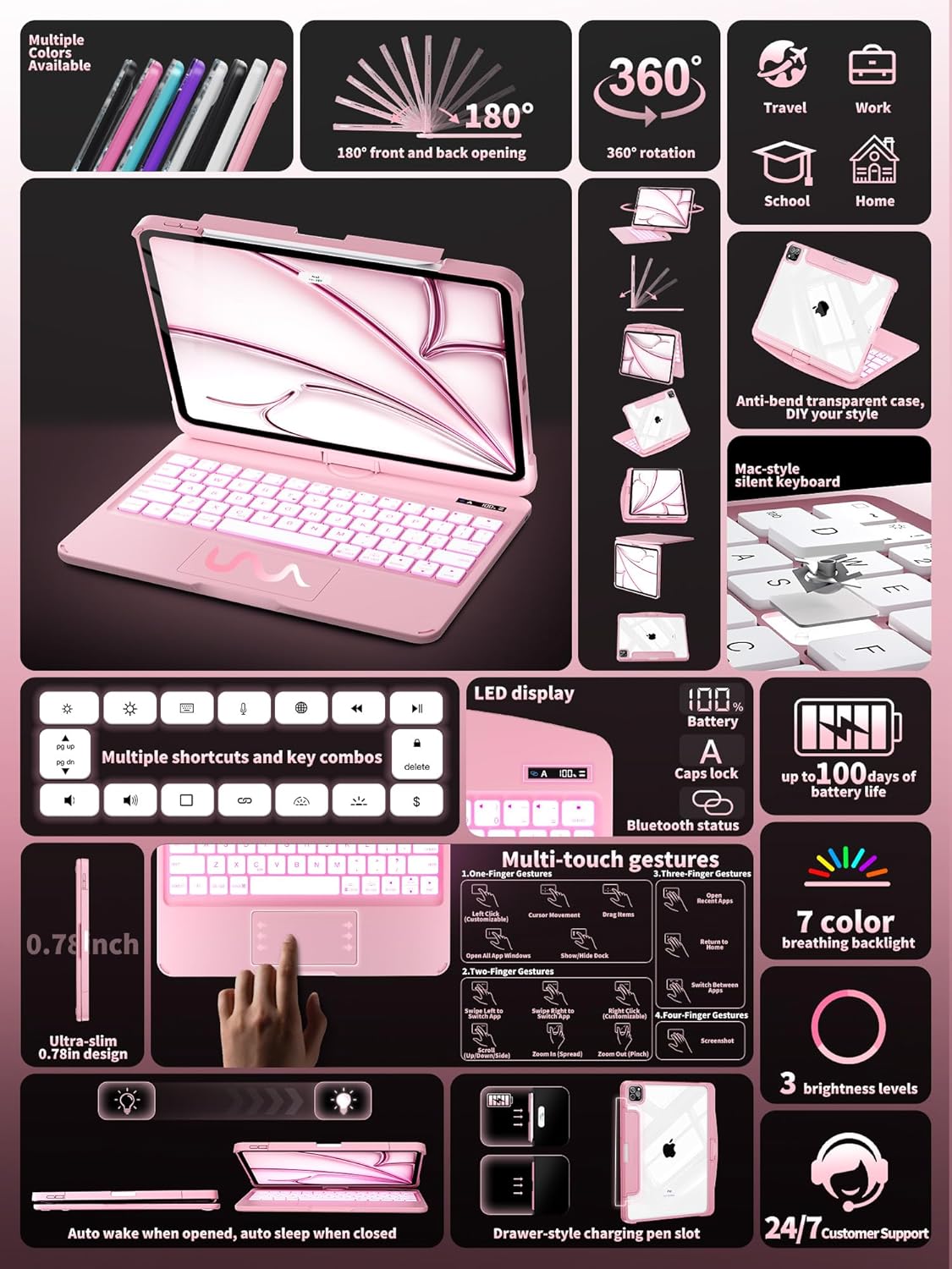 iFacemall Blush Pink Keyboard Case for iPad Pro 12.9-inch 6th/ 5th/ 4th/ 3rd Gen, Touch Case 360° Rotating with Keyboard for iPad 12.9 inch,Trackpad,7-Colors Backlit