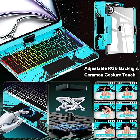 Y2k Blue 360° Rotatable iPad Touch Magic Case(M3/M22025/2024)& Air 5th/4th Gen-360° Rotating Multi-TouchTrackpad, RGB Backlit Keyboard, Transparent Back withPencil Holder, Type-C Charging