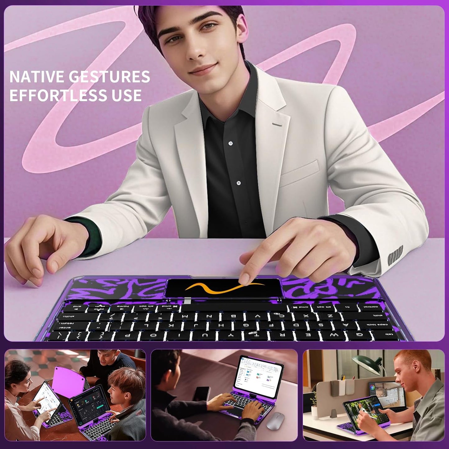 Transparent Y2k Purple iPad Magic Case(M3/M22025/2024)& Air 5th/4th Gen-360° Rotating Multi-TouchTrackpad, RGB Backlit Keyboard, Transparent Back, PencilHolder, Type-C Charging