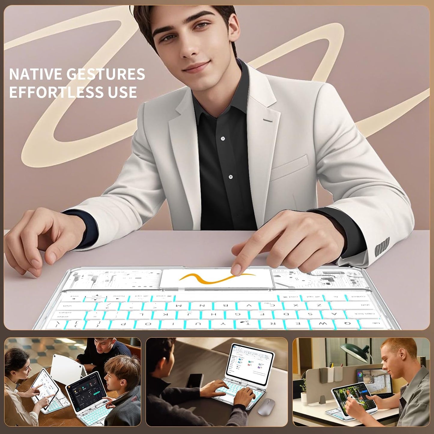 Transparent White Keyboard Case for iPad Air 13-inch (M2, 2024), 360° Rotating Multi-Touch Trackpad, 7-Color Backlit Keyboard, Compatible with iPad Pro 12.9-inch (3rd/4th/5th/6th Gen)