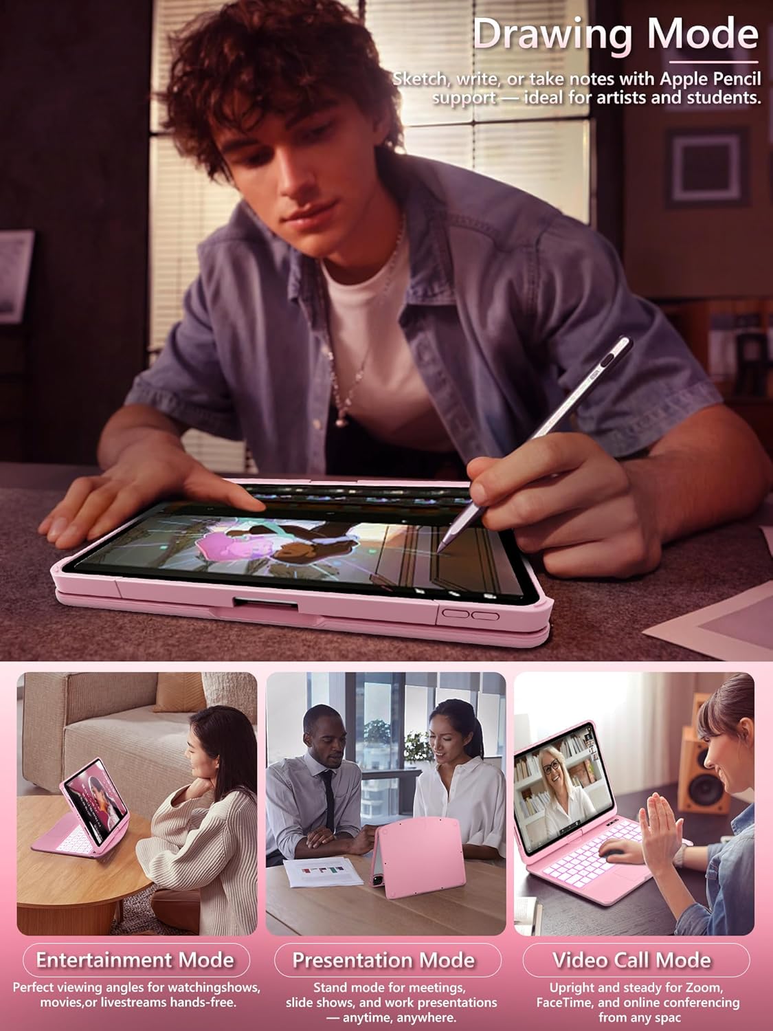 iFacemall Blush Pink Keyboard Case for iPad Pro 12.9-inch 6th/ 5th/ 4th/ 3rd Gen, Touch Case 360° Rotating with Keyboard for iPad 12.9 inch,Trackpad,7-Colors Backlit