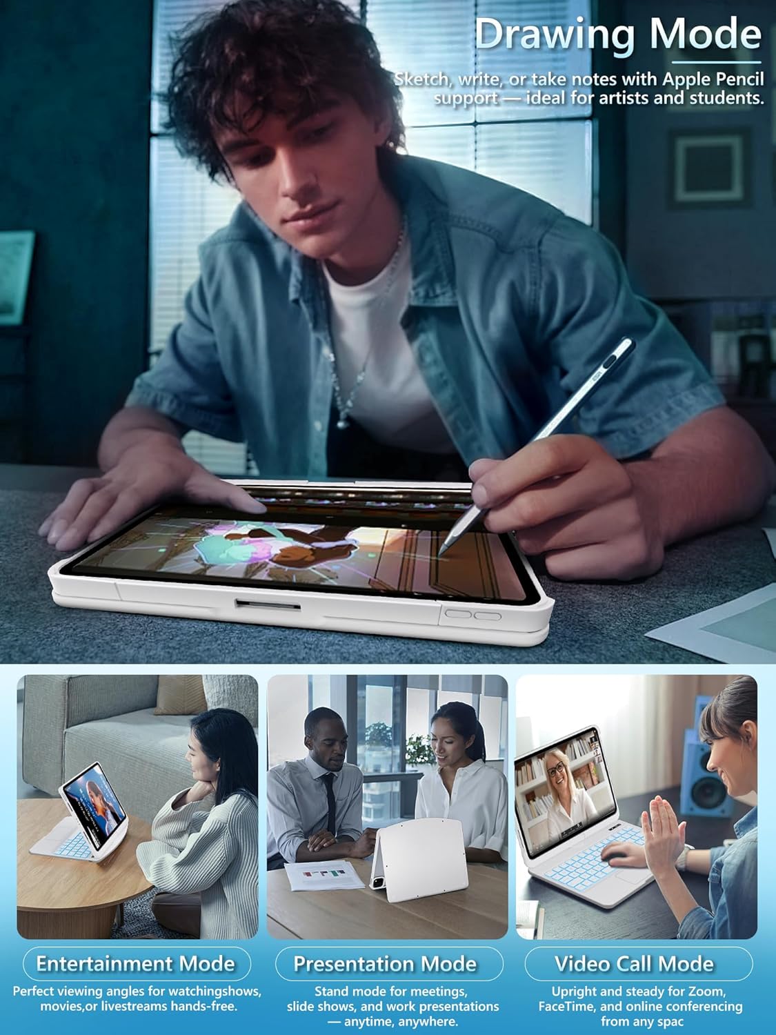 Snow White Keyboard Case for iPad Air 13-inch (M2, 2024), 360° Rotating Multi-Touch Trackpad, 7-Color Backlit Keyboard, Compatible with iPad Pro 12.9-inch (3rd/4th/5th/6th Gen)