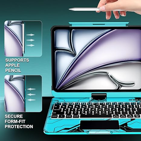 Y2k Blue 360° Rotatable iPad Touch Magic Case(M3/M22025/2024)& Air 5th/4th Gen-360° Rotating Multi-TouchTrackpad, RGB Backlit Keyboard, Transparent Back withPencil Holder, Type-C Charging