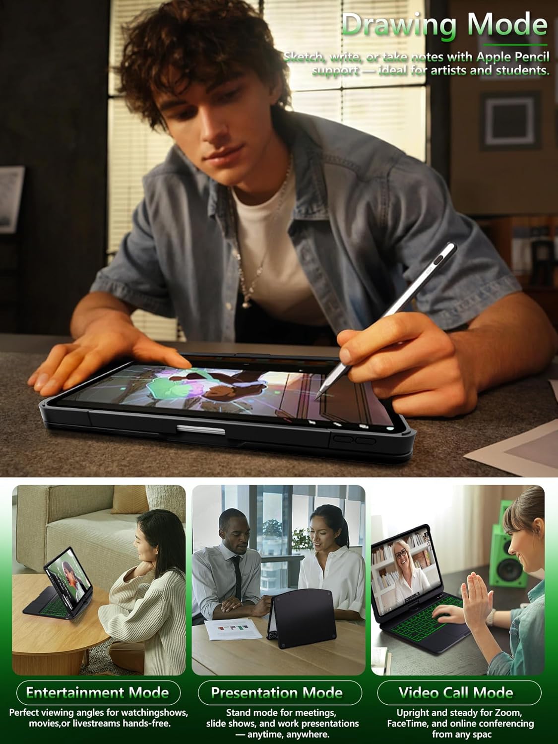 Timeless Black Keyboard Case for iPad Air 13-inch (M2, 2024), 360° Rotating Multi-Touch Trackpad, 7-Color Backlit Keyboard, Compatible with iPad Pro 12.9-inch (3rd/4th/5th/6th Gen)