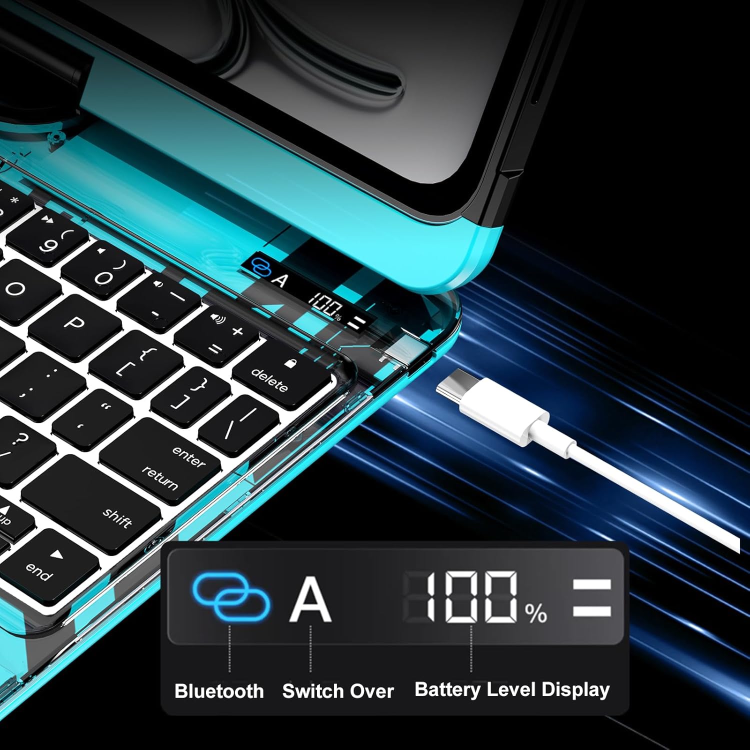 Y2k Blue 360° Rotatable iPad Touch Magic Case(M3/M22025/2024)& Air 5th/4th Gen-360° Rotating Multi-TouchTrackpad, RGB Backlit Keyboard, Transparent Back withPencil Holder, Type-C Charging