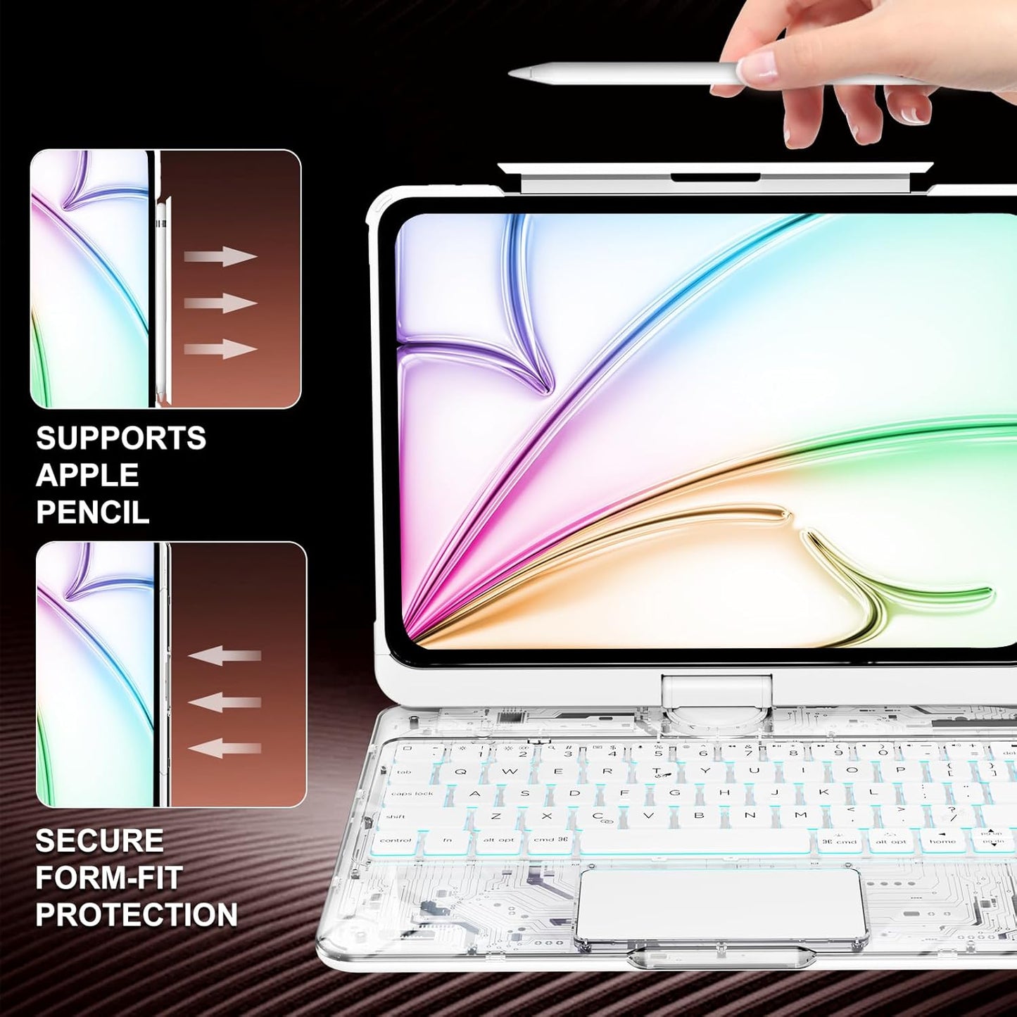 Transparent White Keyboard Case for iPad Air 13-inch (M2, 2024), 360° Rotating Multi-Touch Trackpad, 7-Color Backlit Keyboard, Compatible with iPad Pro 12.9-inch (3rd/4th/5th/6th Gen)