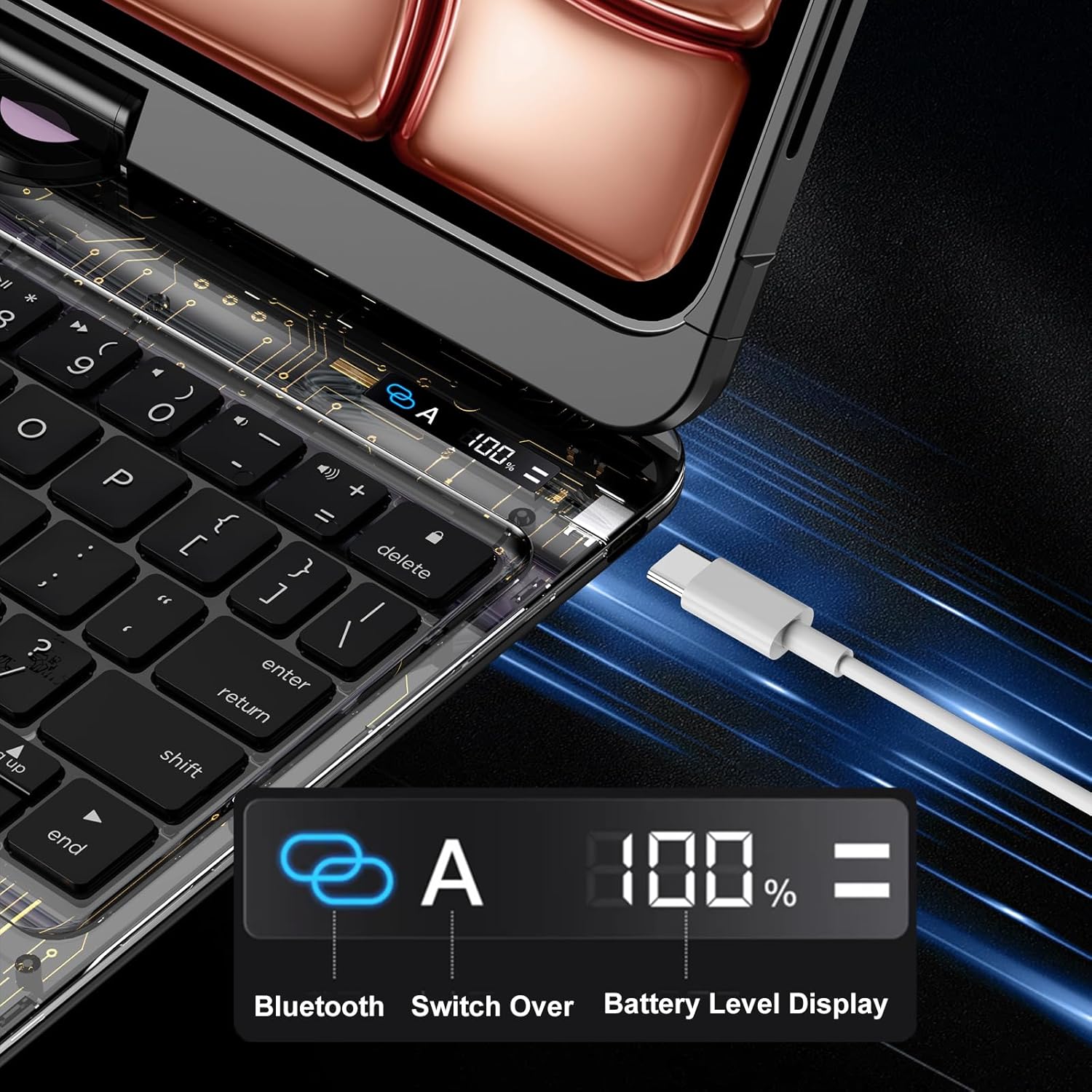 iFacemall 2024 iPad Air 13" Keyboard Case (M2, 2024) – 360° Rotating Multi-Touch Trackpad, RGB Backlit Keyboard, Transparent Back & Chip Panel, Pencil Holder, Type-C Charging