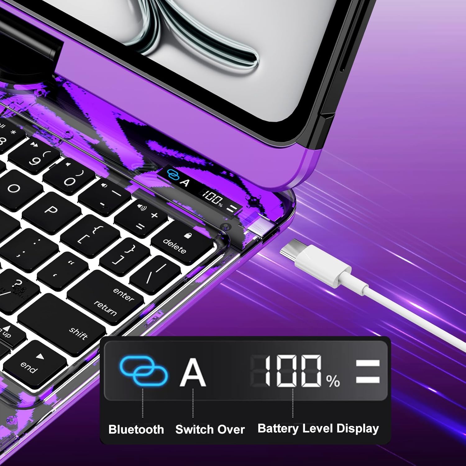 Transparent Y2k Purple iPad Magic Case(M3/M22025/2024)& Air 5th/4th Gen-360° Rotating Multi-TouchTrackpad, RGB Backlit Keyboard, Transparent Back, PencilHolder, Type-C Charging