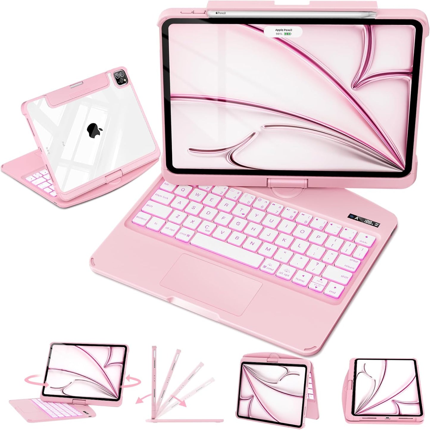 iFacemall Blush Pink Keyboard Case for iPad Pro 12.9-inch 6th/ 5th/ 4th/ 3rd Gen, Touch Case 360° Rotating with Keyboard for iPad 12.9 inch,Trackpad,7-Colors Backlit
