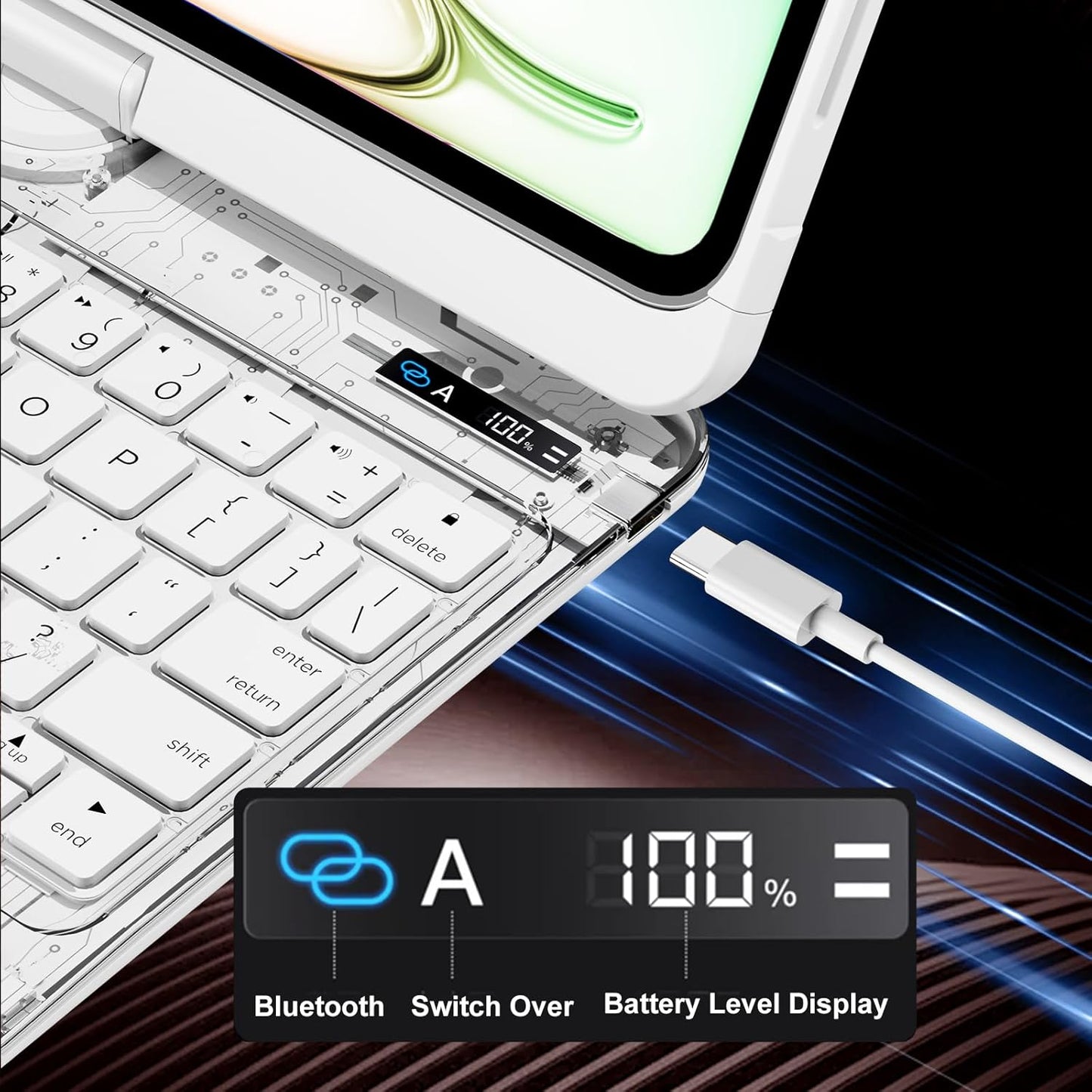 Transparent White Keyboard Case for iPad Air 13-inch (M2, 2024), 360° Rotating Multi-Touch Trackpad, 7-Color Backlit Keyboard, Compatible with iPad Pro 12.9-inch (3rd/4th/5th/6th Gen)