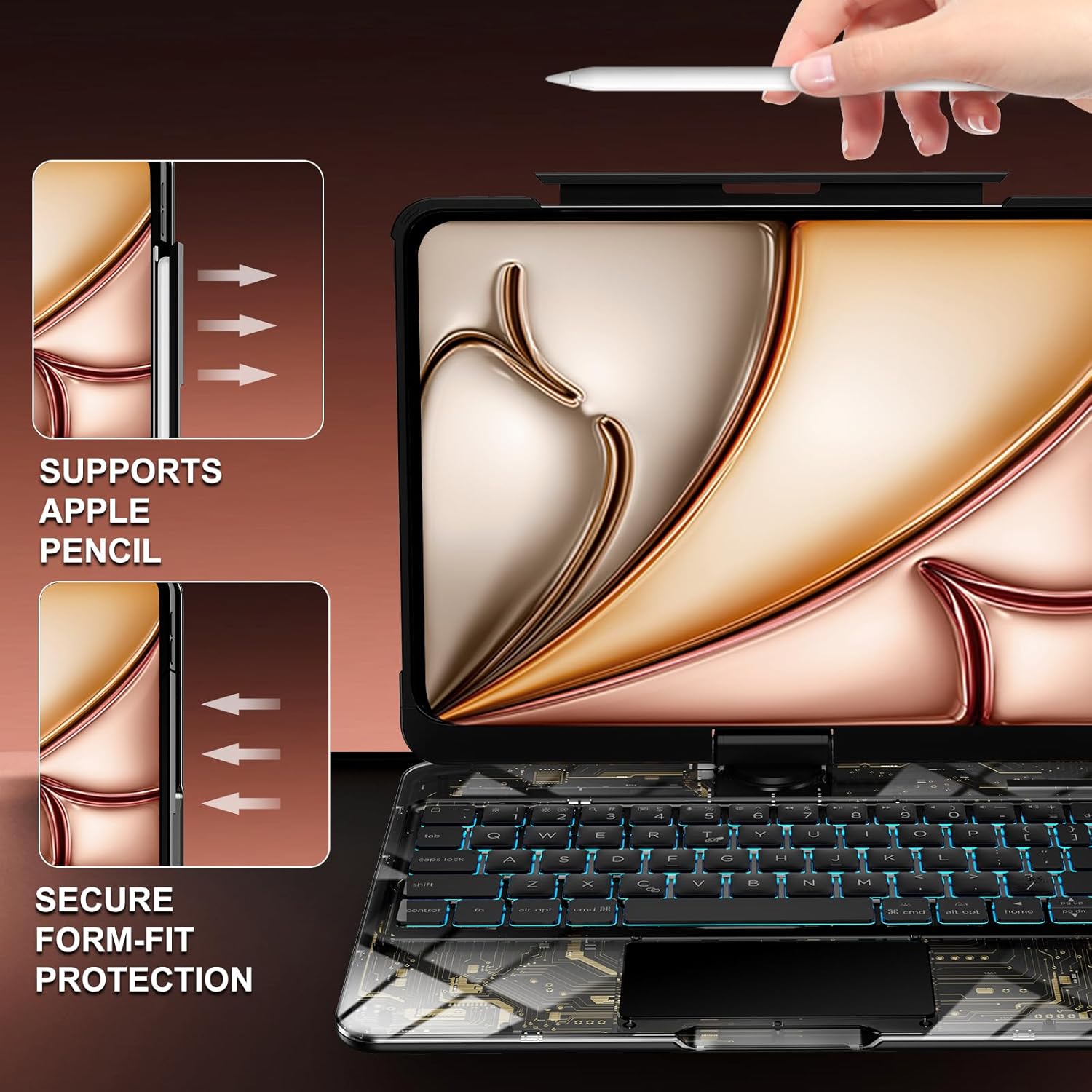 iFacemall 2024 iPad Air 13" Keyboard Case (M2, 2024) – 360° Rotating Multi-Touch Trackpad, RGB Backlit Keyboard, Transparent Back & Chip Panel, Pencil Holder, Type-C Charging