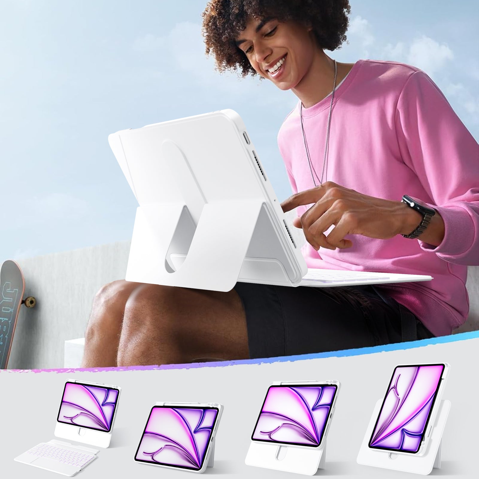 White Split Keyboard Case for iPad – Magnetic Snap-On, Smooth Trackpad & Backlit Typing