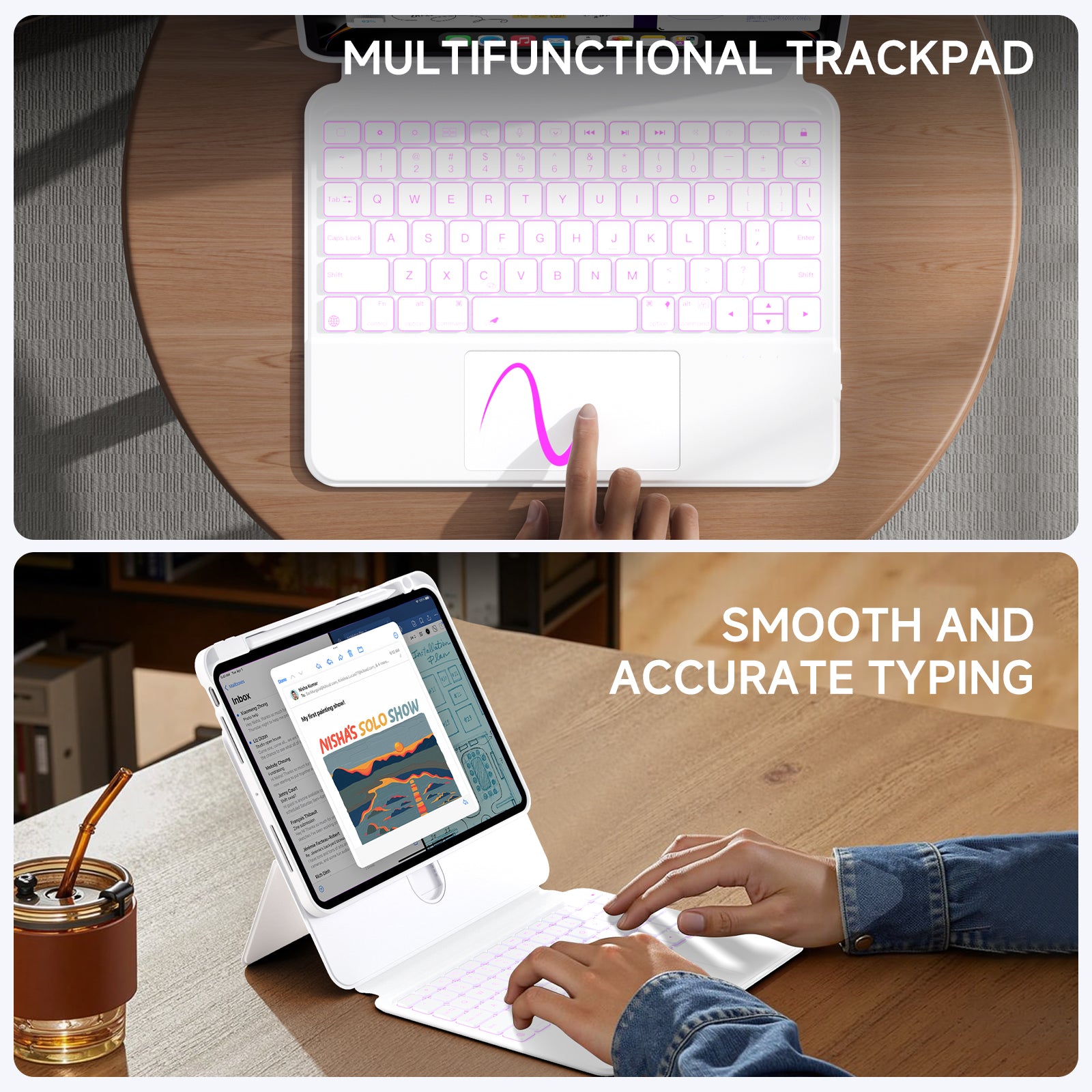 White Split Keyboard Case for iPad – Magnetic Snap-On, Smooth Trackpad & Backlit Typing