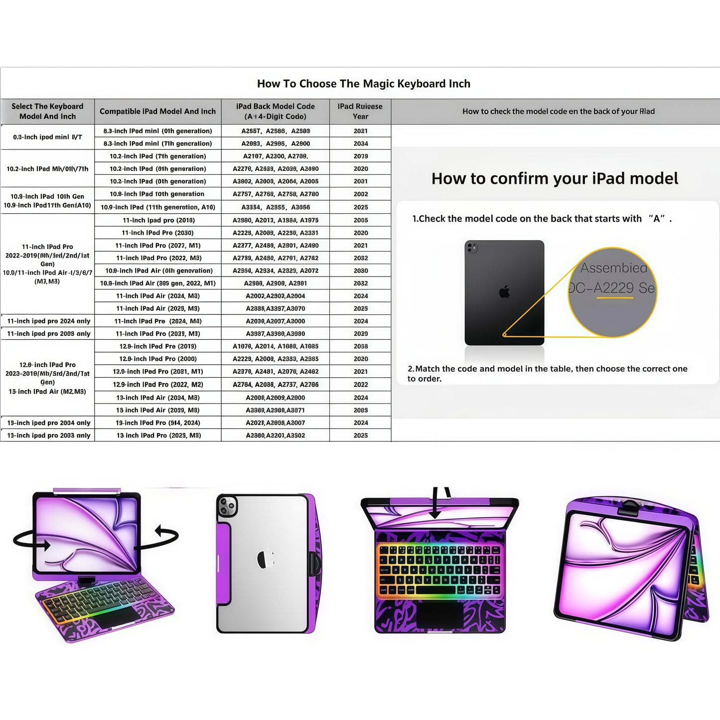Transparent Y2k Purple iPad Magic Case(M3/M22025/2024)& Air 5th/4th Gen-360° Rotating Multi-TouchTrackpad, RGB Backlit Keyboard, Transparent Back, PencilHolder, Type-C Charging