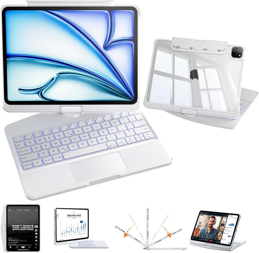 Snow White Keyboard Case for iPad Air 13-inch (M2, 2024), 360° Rotating Multi-Touch Trackpad, 7-Color Backlit Keyboard, Compatible with iPad Pro 12.9-inch (3rd/4th/5th/6th Gen)