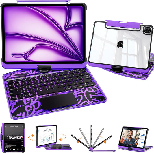 Transparent Y2k Purple iPad Magic Case(M3/M22025/2024)& Air 5th/4th Gen-360° Rotating Multi-TouchTrackpad, RGB Backlit Keyboard, Transparent Back, PencilHolder, Type-C Charging