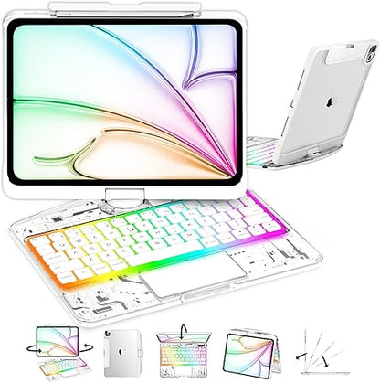 iFacemall 2024 iPad Air 13" Keyboard Case (M2, 2024) – 360° Rotating Multi-Touch Trackpad, RGB Backlit Keyboard, Transparent Back & Chip Panel, Pencil Holder, Type-C Charging