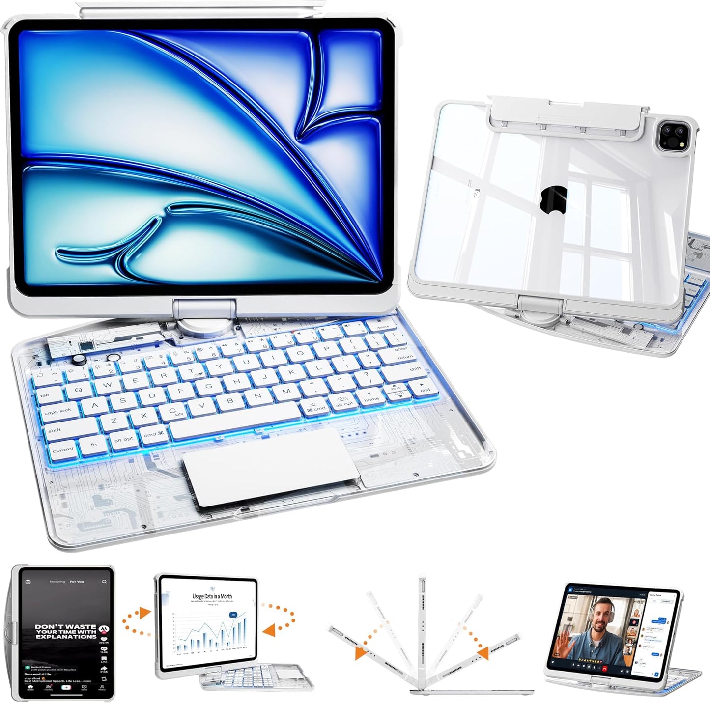 Transparent White Keyboard Case for iPad Air 13-inch (M2, 2024), 360° Rotating Multi-Touch Trackpad, 7-Color Backlit Keyboard, Compatible with iPad Pro 12.9-inch (3rd/4th/5th/6th Gen)
