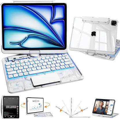 Transparent White Keyboard Case for iPad Air 13-inch (M2, 2024), 360° Rotating Multi-Touch Trackpad, 7-Color Backlit Keyboard, Compatible with iPad Pro 12.9-inch (3rd/4th/5th/6th Gen)