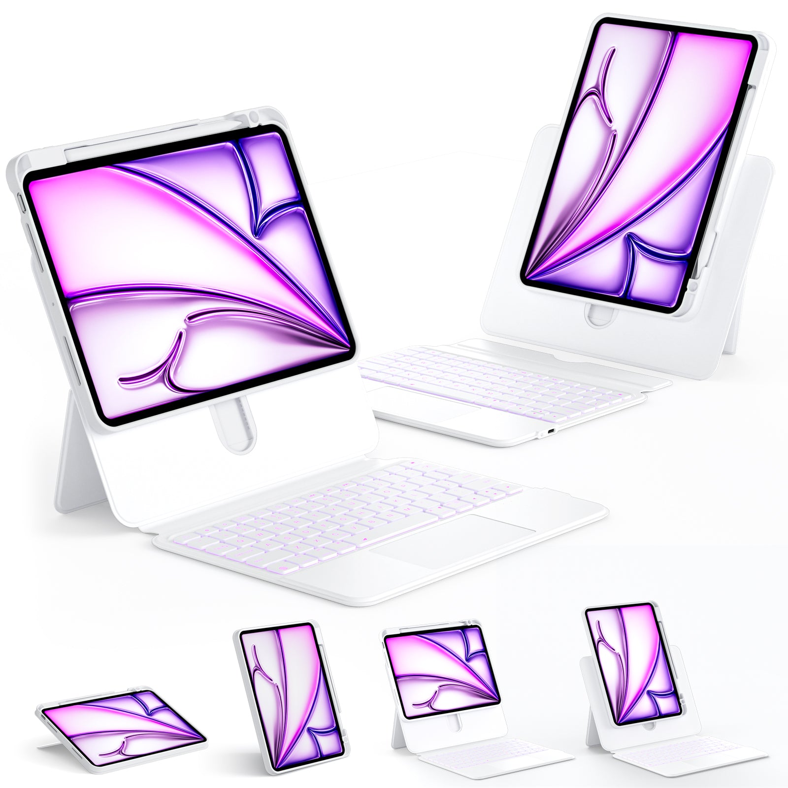 White Split Slide Rail Keyboard Case for iPad – Magnetic Detachable Design, Trackpad, Smart Backlit Keys