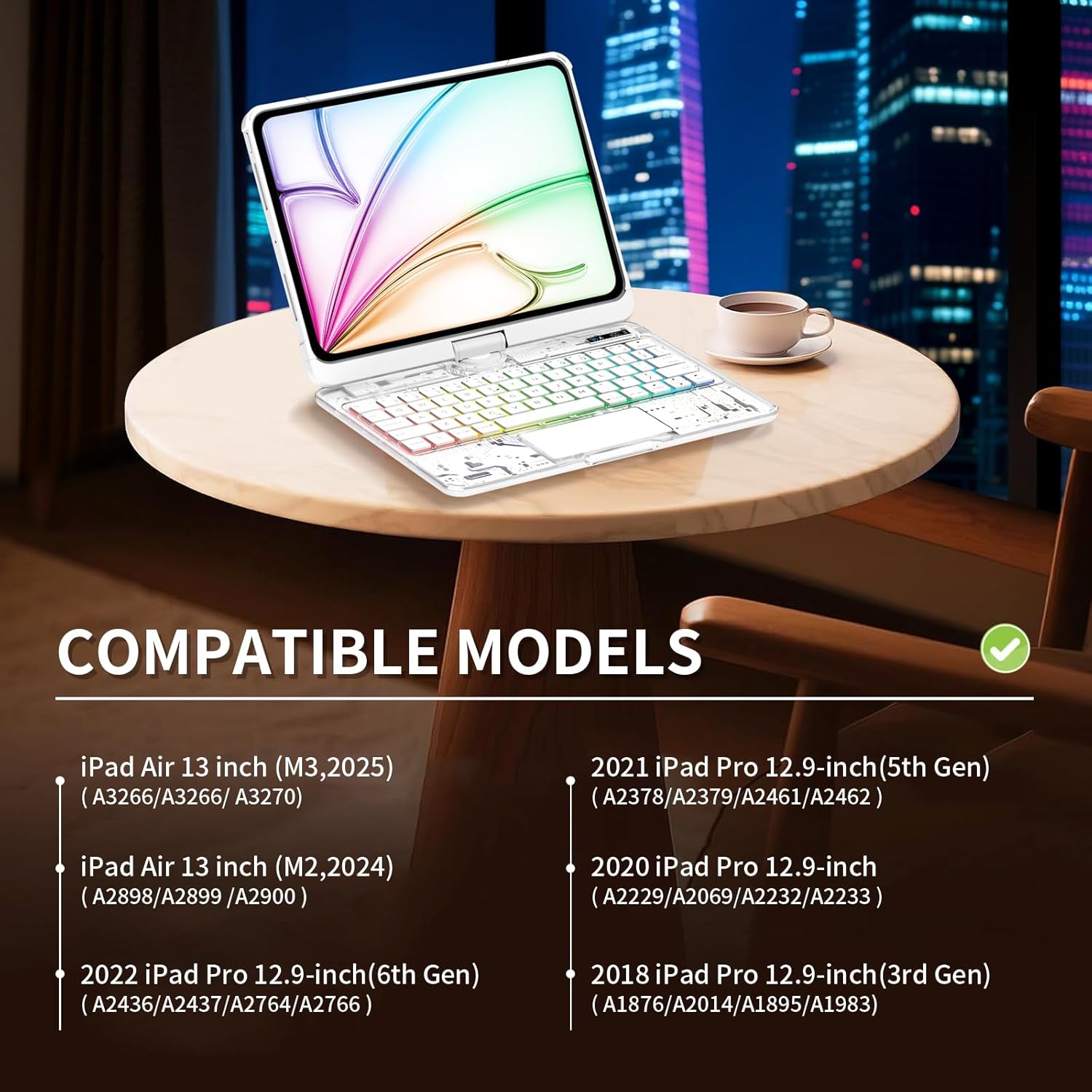 Transparent White Keyboard Case for iPad Air 13-inch (M2, 2024), 360° Rotating Multi-Touch Trackpad, 7-Color Backlit Keyboard, Compatible with iPad Pro 12.9-inch (3rd/4th/5th/6th Gen)