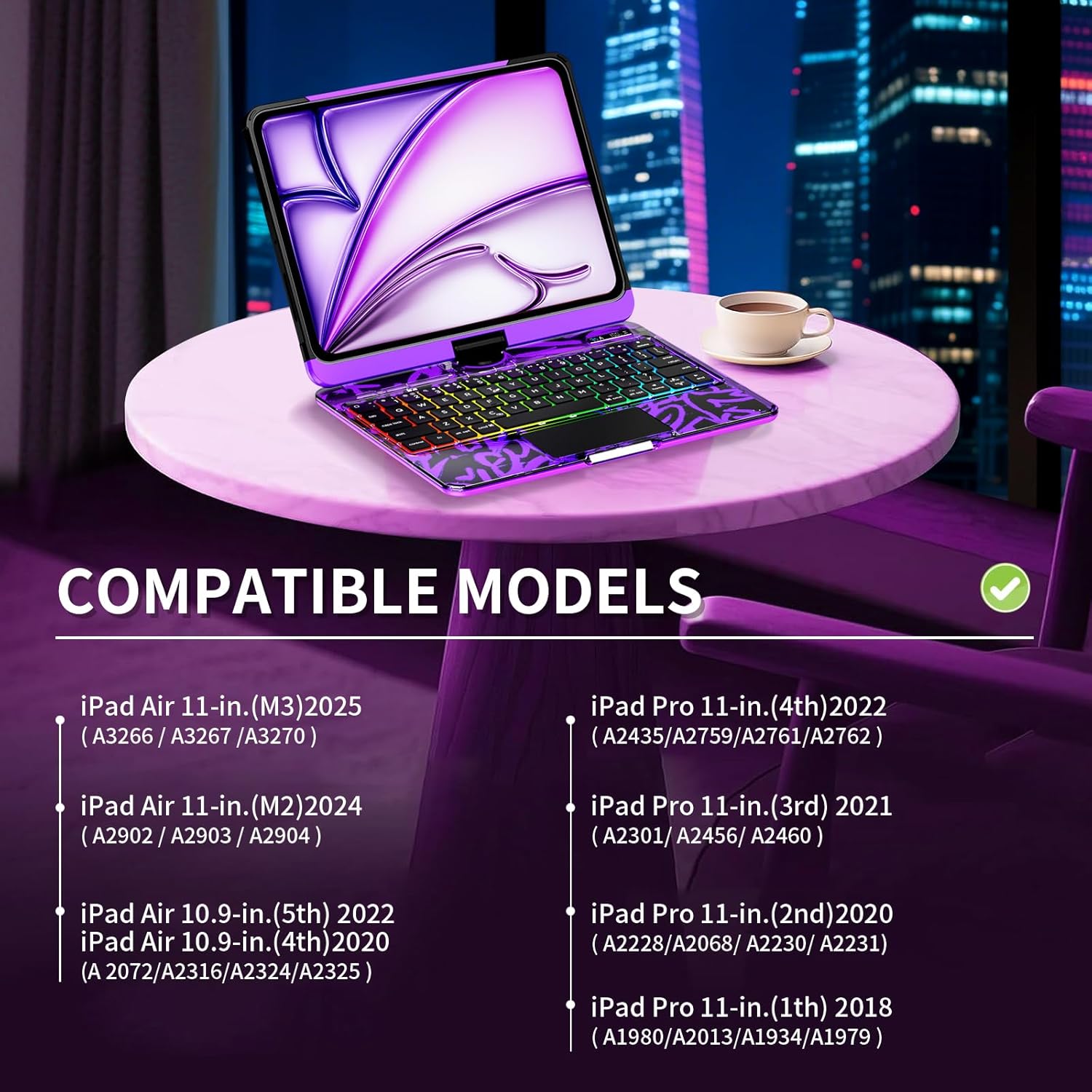 Transparent Y2k Purple iPad Magic Case(M3/M22025/2024)& Air 5th/4th Gen-360° Rotating Multi-TouchTrackpad, RGB Backlit Keyboard, Transparent Back, PencilHolder, Type-C Charging