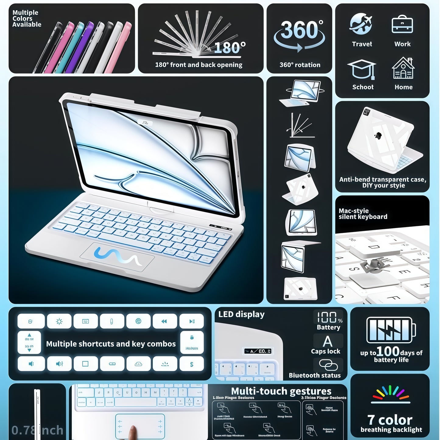 Snow White Keyboard Case for iPad Air 13-inch (M2, 2024), 360° Rotating Multi-Touch Trackpad, 7-Color Backlit Keyboard, Compatible with iPad Pro 12.9-inch (3rd/4th/5th/6th Gen)