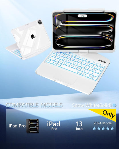 Snow White Keyboard Case for iPad Air 13-inch (M2, 2024), 360° Rotating Multi-Touch Trackpad, 7-Color Backlit Keyboard, Compatible with iPad Pro 12.9-inch (3rd/4th/5th/6th Gen)