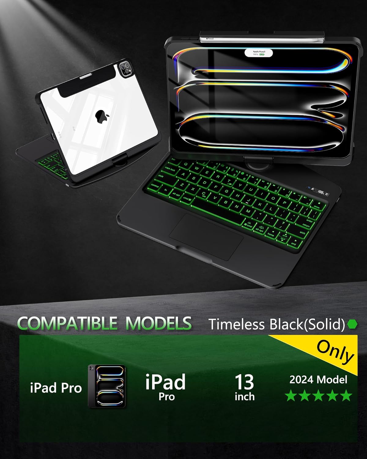 Timeless Black Keyboard Case for iPad Air 13-inch (M2, 2024), 360° Rotating Multi-Touch Trackpad, 7-Color Backlit Keyboard, Compatible with iPad Pro 12.9-inch (3rd/4th/5th/6th Gen)