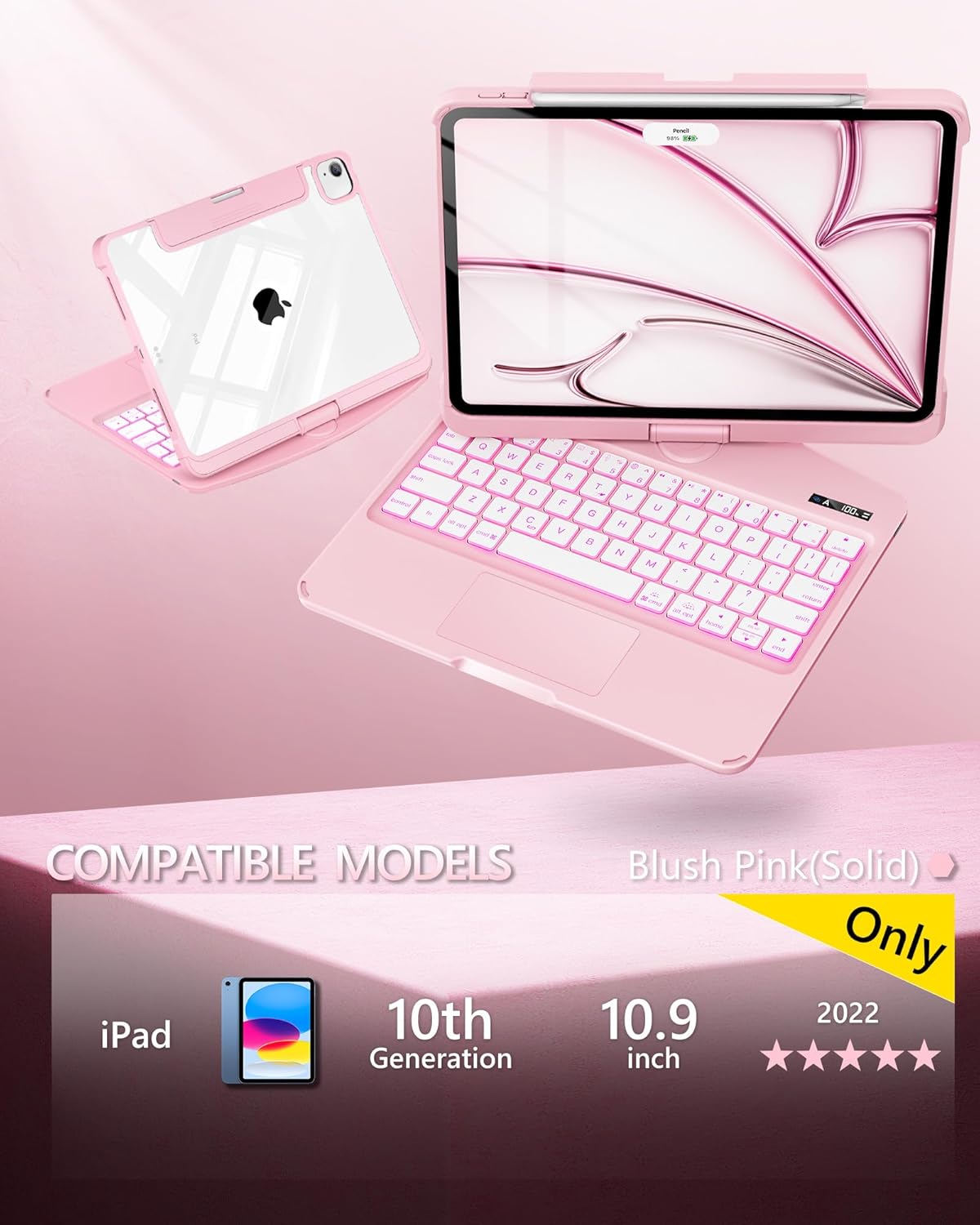 iFacemall Blush Pink Keyboard Case for iPad Pro 12.9-inch 6th/ 5th/ 4th/ 3rd Gen, Touch Case 360° Rotating with Keyboard for iPad 12.9 inch,Trackpad,7-Colors Backlit
