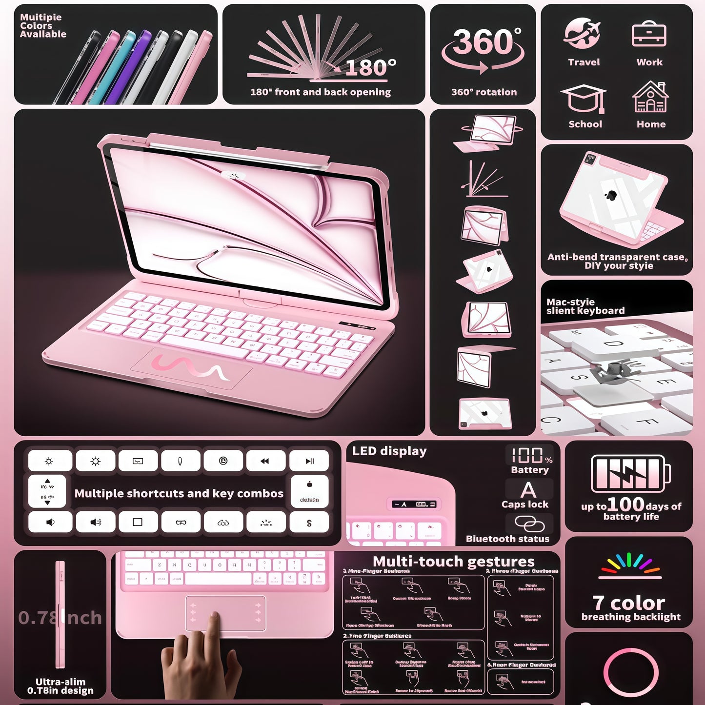 iFacemall Blush Pink Keyboard Case بۆ ئایپاد پرۆ 12.9 ئینج 6th/ 5th/ 4th/ 3rd Gen, Touch Case 360° دەسوڕێتەوە لەگەڵ کیبۆرد بۆ ئایپاد 12.9 ئینج,Trackpad,7-Colors Backlit