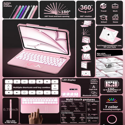 iFacemall Blush Pink Keyboard Case بۆ ئایپاد پرۆ 12.9 ئینج 6th/ 5th/ 4th/ 3rd Gen, Touch Case 360° دەسوڕێتەوە لەگەڵ کیبۆرد بۆ ئایپاد 12.9 ئینج,Trackpad,7-Colors Backlit