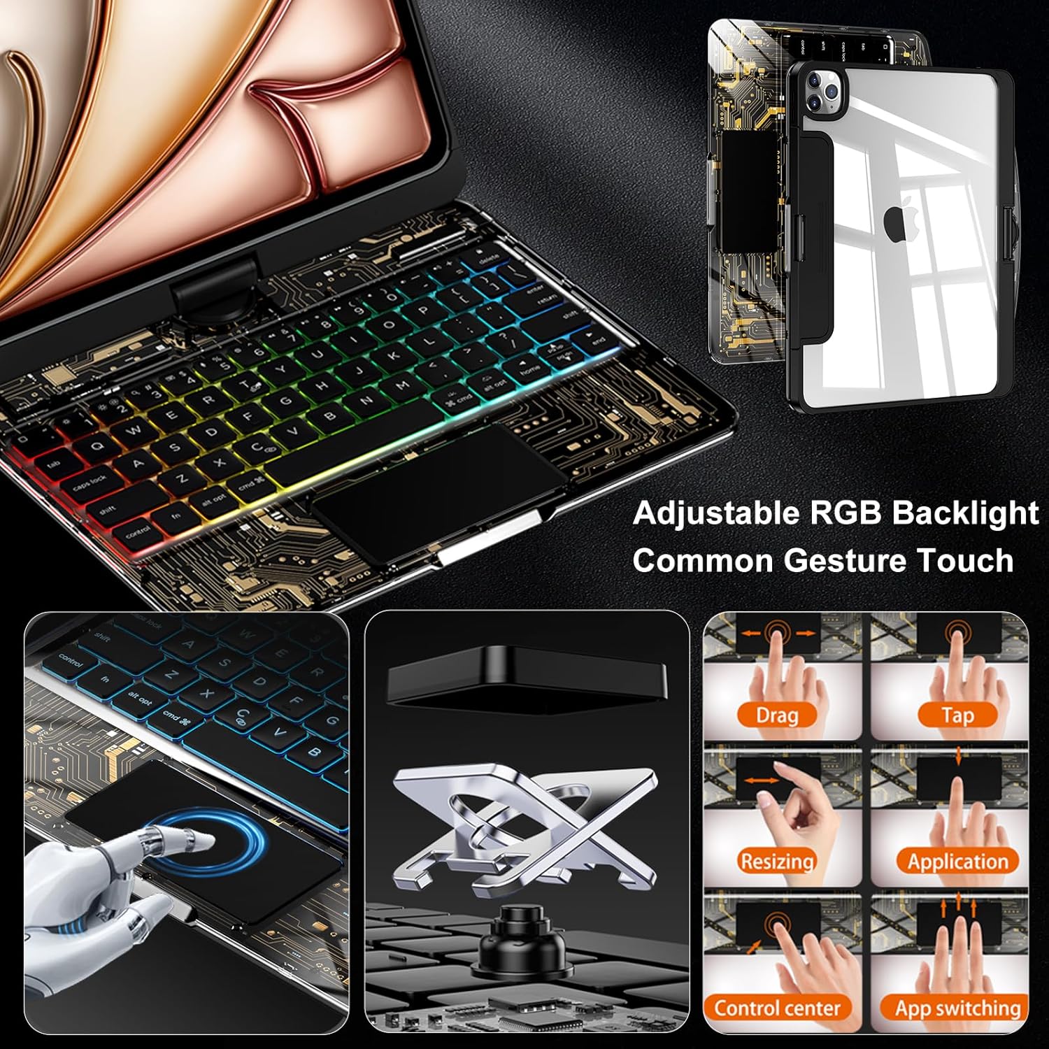 iFacemall 2024 iPad Air 13" Keyboard Case (M2, 2024) – 360° Rotating Multi-Touch Trackpad, RGB Backlit Keyboard, Transparent Back & Chip Panel, Pencil Holder, Type-C Charging
