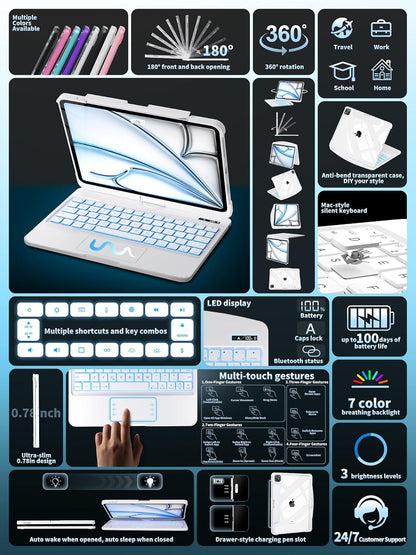 Snow White Keyboard Case for iPad Air 13-inch (M2, 2024), 360° Rotating Multi-Touch Trackpad, 7-Color Backlit Keyboard, Compatible with iPad Pro 12.9-inch (3rd/4th/5th/6th Gen)