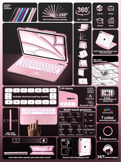 iFacemall Blush Pink Keyboard Case for iPad Pro 12.9-inch 6th/ 5th/ 4th/ 3rd Gen, Touch Case 360° Rotating with Keyboard for iPad 12.9 inch,Trackpad,7-Colors Backlit