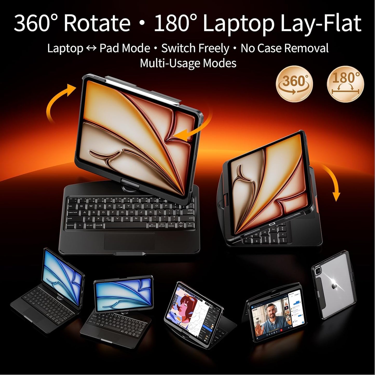 Timeless Black Keyboard Case for iPad , 360° Rotating Multi-Touch Trackpad, 7-Color Backlit Keyboard, Compatible with iPad Pro 12.9-inch (3rd/4th/5th/6th Gen)