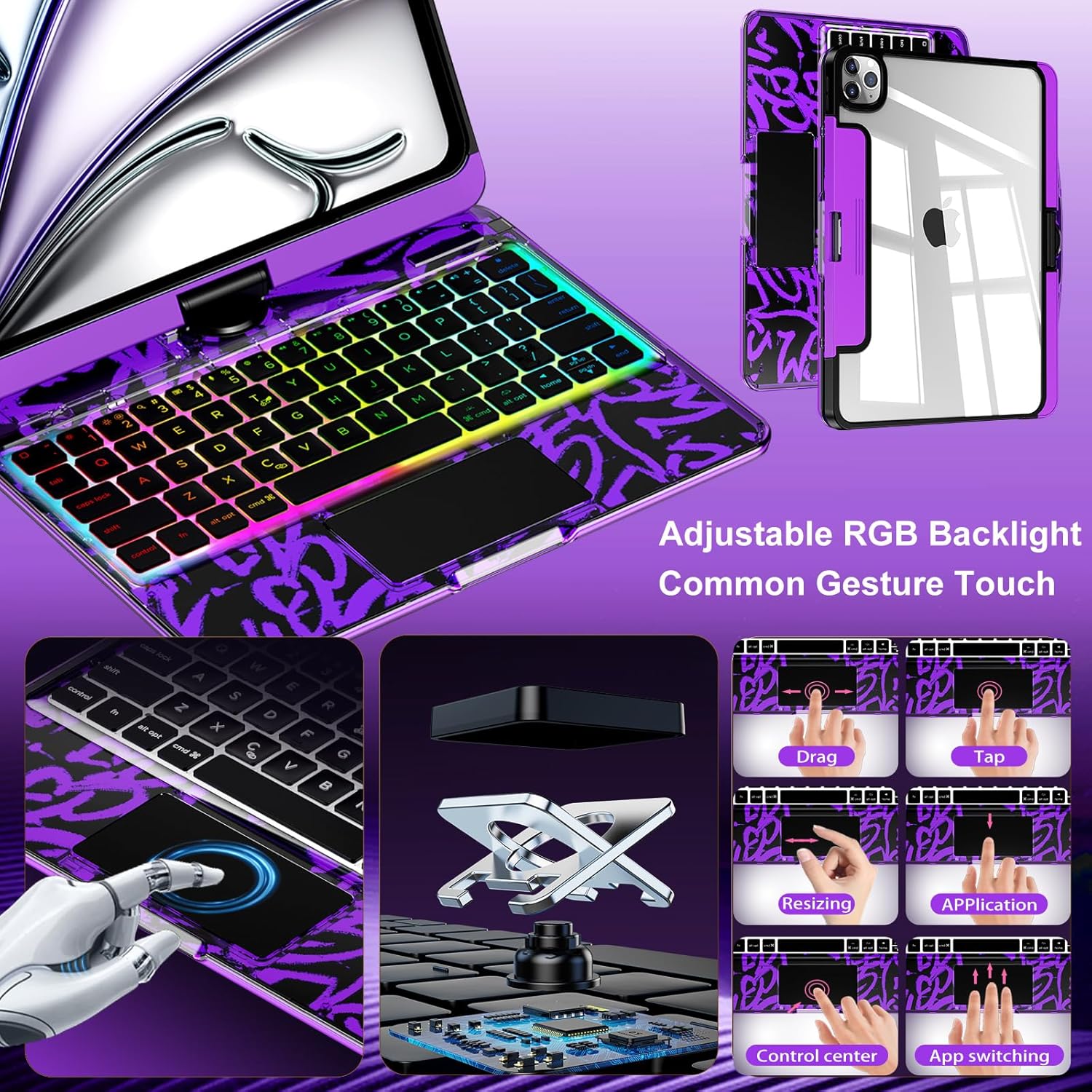Transparent Y2k Purple iPad Magic Case(M3/M22025/2024)& Air 5th/4th Gen-360° Rotating Multi-TouchTrackpad, RGB Backlit Keyboard, Transparent Back, PencilHolder, Type-C Charging
