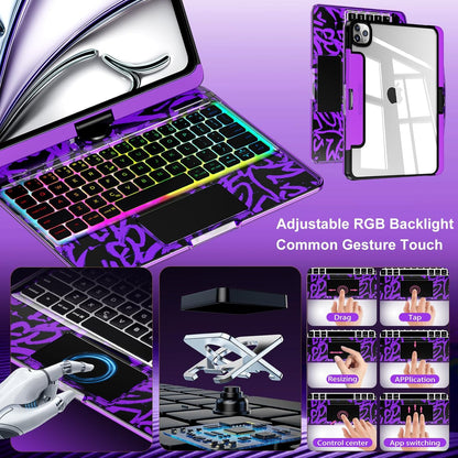 Transparent Y2k Purple iPad Magic Case(M3/M22025/2024)& Air 5th/4th Gen-360° Rotating Multi-TouchTrackpad, RGB Backlit Keyboard, Transparent Back, PencilHolder, Type-C Charging