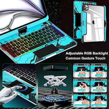 Y2k Blue 360° Rotatable iPad Touch Magic Case(M3/M22025/2024)& Air 5th/4th Gen-360° Rotating Multi-TouchTrackpad, RGB Backlit Keyboard, Transparent Back withPencil Holder, Type-C Charging